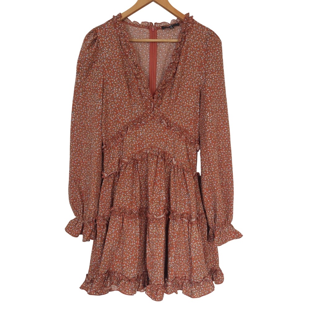 Lulus Admire You Orange Floral Print Ruffled Long Sleeve Mini Dress Size Medium‎ - Picture 2 of 10